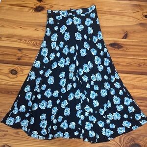 EUC Zara Black A-Line Maxi Skirt with Blue Floral Pattern size XS